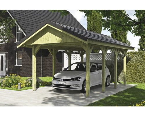 Carport simple SKAN HOLZ Wallgau avec lattis et ancrage pour poteaux H 380 x 600 cm imprégné