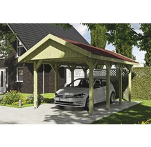 Carport simple SKAN HOLZ Wallgau avec bardeaux rouges et ancrage pour poteaux H 380 x 600 cm imprégné