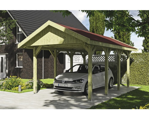 Carport simple SKAN HOLZ Wallgau avec bardeaux rouges et ancrage pour poteaux H 380 x 600 cm imprégné