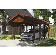 Carport simple SKAN HOLZ Wallgau avec bardeaux rouges et ancrage pour poteaux H 380 x 600 cm noyer