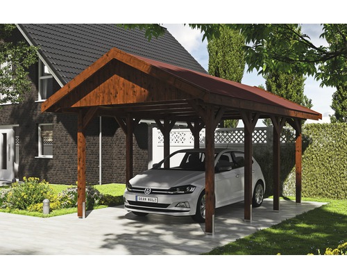 Einzelcarport SKAN HOLZ Wallgau inkl. rote Schindeln und H-Pfostenanker 380 x 600 cm nussbaum