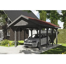 Carport simple SKAN HOLZ Wallgau avec bardeaux rouges et ancrage pour poteaux H 380 x 600 cm gris