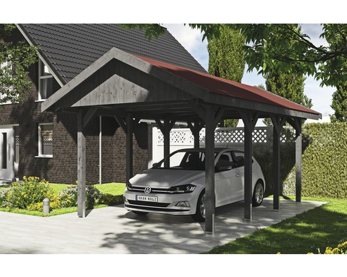 Carport simple SKAN HOLZ Wallgau avec bardeaux rouges et ancrage pour poteaux H 380 x 600 cm gris