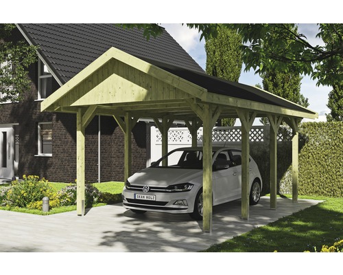 Carport simple SKAN HOLZ Wallgau avec bardeaux noirs et ancrage pour poteaux H 380 x 600 cm imprégné