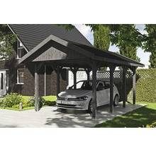 Carport simple SKAN HOLZ Wallgau avec bardeaux noirs et ancrage pour poteaux H 380 x 600 cm gris