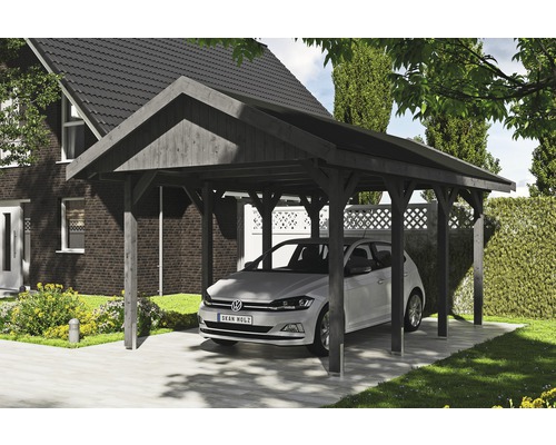 Carport simple SKAN HOLZ Wallgau avec bardeaux noirs et ancrage pour poteaux H 380 x 600 cm gris