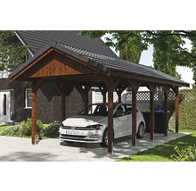 Carport simple SKAN HOLZ Wallgau avec lattis et ancrage pour poteaux H 380 x 750 cm noyer
