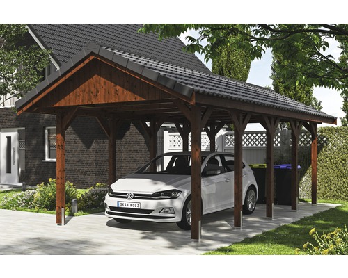 Carport simple SKAN HOLZ Wallgau avec lattis et ancrage pour poteaux H 380 x 750 cm noyer