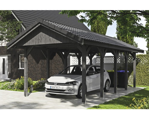 Carport simple SKAN HOLZ Wallgau avec lattis et ancrage pour poteaux H 380 x 750 cm gris