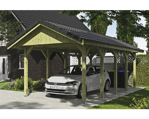 Carport simple SKAN HOLZ Wallgau avec lattis et ancrage pour poteaux H 380 x 750 cm imprégné