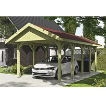 Carport simple SKAN HOLZ Wallgau avec bardeaux rouges et ancrage pour poteaux H 380 x 750 cm imprégné