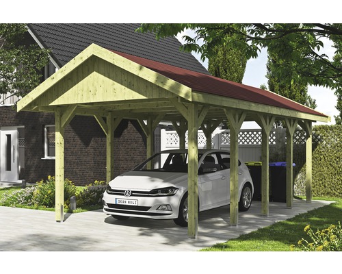 Carport simple SKAN HOLZ Wallgau avec bardeaux rouges et ancrage pour poteaux H 380 x 750 cm imprégné