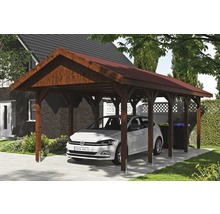 Carport simple SKAN HOLZ Wallgau avec bardeaux rouges et ancrage pour poteaux H 380 x 750 cm noyer