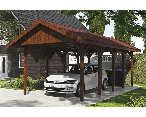 Carport simple SKAN HOLZ Wallgau avec bardeaux rouges et ancrage pour poteaux H 380 x 750 cm noyer