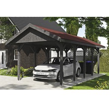 Carport simple SKAN HOLZ Wallgau avec bardeaux rouges et ancrage pour poteaux H 380 x 750 cm gris