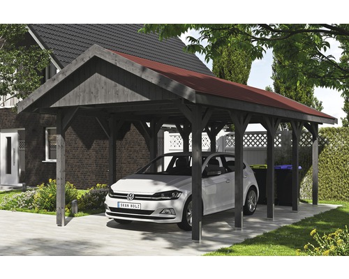 Carport simple SKAN HOLZ Wallgau avec bardeaux rouges et ancrage pour poteaux H 380 x 750 cm gris