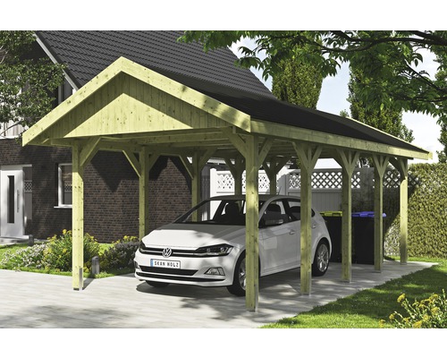 Carport simple SKAN HOLZ Wallgau avec bardeaux noirs et ancrage pour poteaux H 380 x 750 cm imprégné