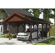 Carport simple SKAN HOLZ Wallgau avec bardeaux noirs et ancrage pour poteaux H 380 x 750 cm noyer