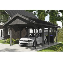 Carport simple SKAN HOLZ Wallgau avec bardeaux noirs et ancrage pour poteaux H 380 x 750 cm gris