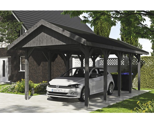 Carport simple SKAN HOLZ Wallgau avec bardeaux noirs et ancrage pour poteaux H 380 x 750 cm gris