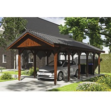 Carport simple SKAN HOLZ Wallgau avec lattis et ancrage pour poteaux H 380 x 900 cm noyer