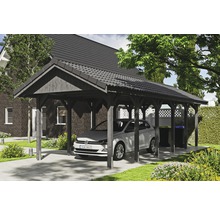 Carport simple SKAN HOLZ Wallgau avec lattis et ancrage pour poteaux H 380 x 900 cm gris