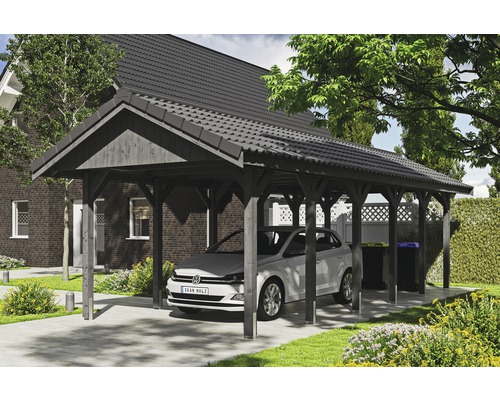 Carport simple SKAN HOLZ Wallgau avec lattis et ancrage pour poteaux H 380 x 900 cm gris