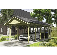 Carport simple SKAN HOLZ Wallgau avec lattis et ancrage pour poteaux H 380 x 900 cm imprégné