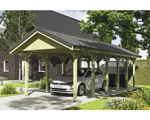 Carport simple SKAN HOLZ Wallgau avec lattis et ancrage pour poteaux H 380 x 900 cm imprégné