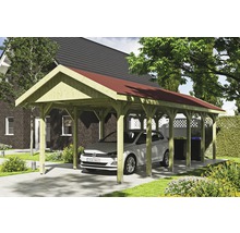 Carport simple SKAN HOLZ Wallgau avec bardeaux rouges et ancrage pour poteaux H 380 x 900 cm imprégné