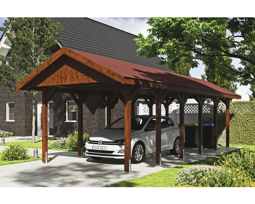 Carport simple SKAN HOLZ Wallgau avec bardeaux rouges et ancrage pour poteaux H 380 x 900 cm noyer