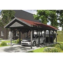 Carport en bois avec voiture sur la propriété
