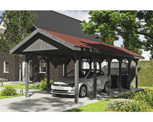 Carport simple SKAN HOLZ Wallgau avec bardeaux rouges et ancrage pour poteaux H 380 x 900 cm gris