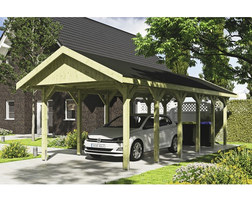 Carport simple SKAN HOLZ Wallgau avec bardeaux noirs et ancrage pour poteaux H 380 x 900 cm imprégné