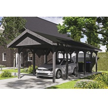 Carport simple SKAN HOLZ Wallgau avec bardeaux noirs et ancrage pour poteaux H 380 x 900 cm gris