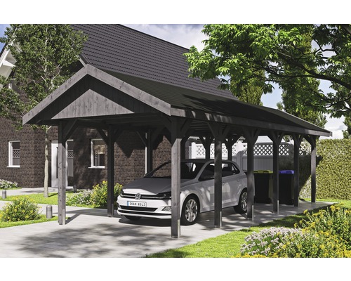 Carport simple SKAN HOLZ Wallgau avec bardeaux noirs et ancrage pour poteaux H 380 x 900 cm gris