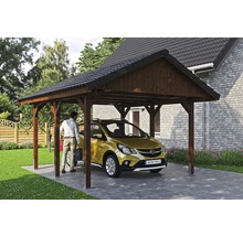 Carport simple SKAN HOLZ Wallgau avec lattis et ancrage pour poteaux H 430 x 500 cm noyer