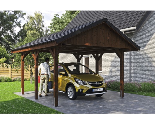 Carport simple SKAN HOLZ Wallgau avec lattis et ancrage pour poteaux H 430 x 500 cm noyer