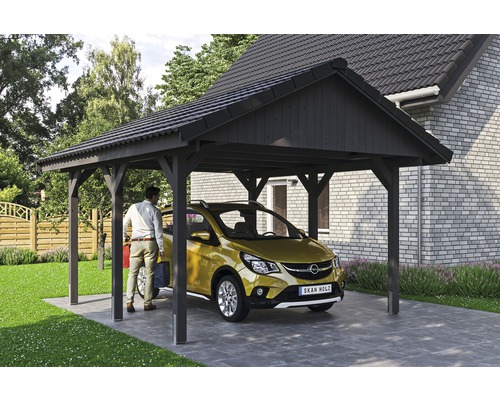 Carport simple SKAN HOLZ Wallgau avec lattis et ancrage pour poteaux H 430 x 500 cm gris