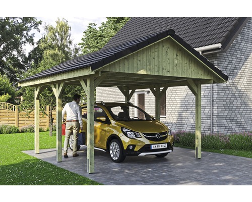 Carport simple SKAN HOLZ Wallgau avec lattis et ancrage pour poteaux H 430 x 500 cm imprégné