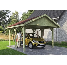 Carport simple SKAN HOLZ Wallgau avec bardeaux rouges et ancrage pour poteaux H 430 x 500 cm imprégné