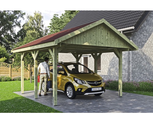 Carport simple SKAN HOLZ Wallgau avec bardeaux rouges et ancrage pour poteaux H 430 x 500 cm imprégné