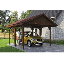 Carport simple SKAN HOLZ Wallgau avec bardeaux rouges et ancrage pour poteaux H 430 x 500 cm noyer