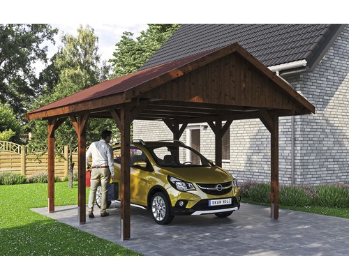 Carport simple SKAN HOLZ Wallgau avec bardeaux rouges et ancrage pour poteaux H 430 x 500 cm noyer