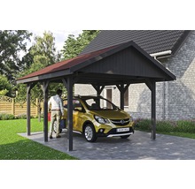 Carport simple SKAN HOLZ Wallgau avec bardeaux rouges et ancrage pour poteaux H 430 x 500 cm gris