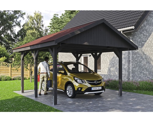 Einzelcarport SKAN HOLZ Wallgau inkl. rote Schindeln und H-Pfostenanker 430 x 500 cm grau