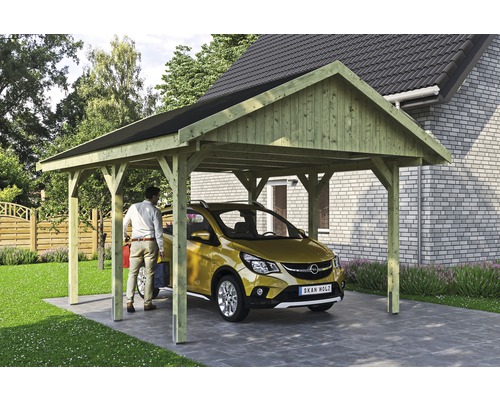 Carport simple SKAN HOLZ Wallgau avec bardeaux noirs et ancrage pour poteaux H 430 x 500 cm imprégné