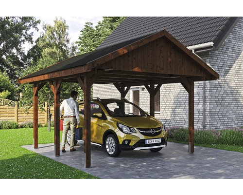 Carport simple SKAN HOLZ Wallgau avec bardeaux noirs et ancrage pour poteaux H 430 x 500 cm noyer