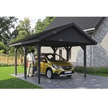 Carport simple SKAN HOLZ Wallgau avec bardeaux noirs et ancrage pour poteaux H 430 x 500 cm gris