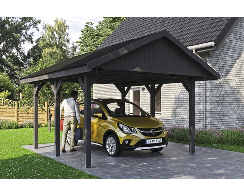 Carport simple SKAN HOLZ Wallgau avec bardeaux noirs et ancrage pour poteaux H 430 x 500 cm gris